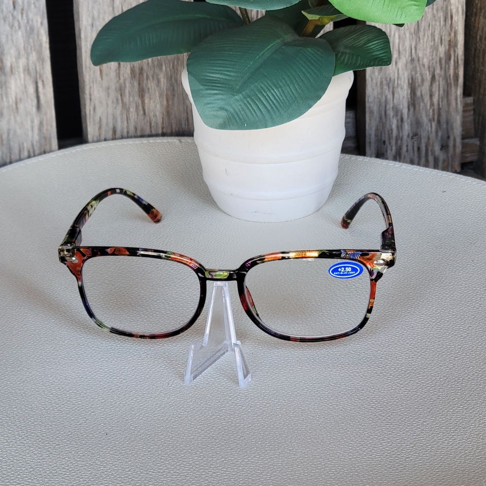 Blue Light Blocking Vibrant Floral Pattern Orange & Green Hues Glasses +2.50 - Picture 4 of 5